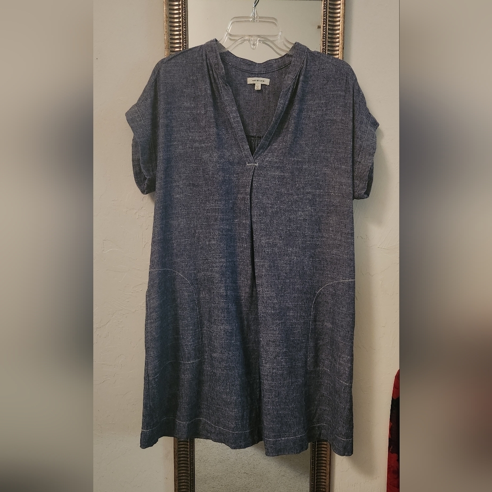 Blue Chambray Linen Short Sleeve Tunic Dress